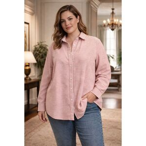 Lands' End Snap Button Front Pink Brown Shirt Shacket Coastal Size L Tall